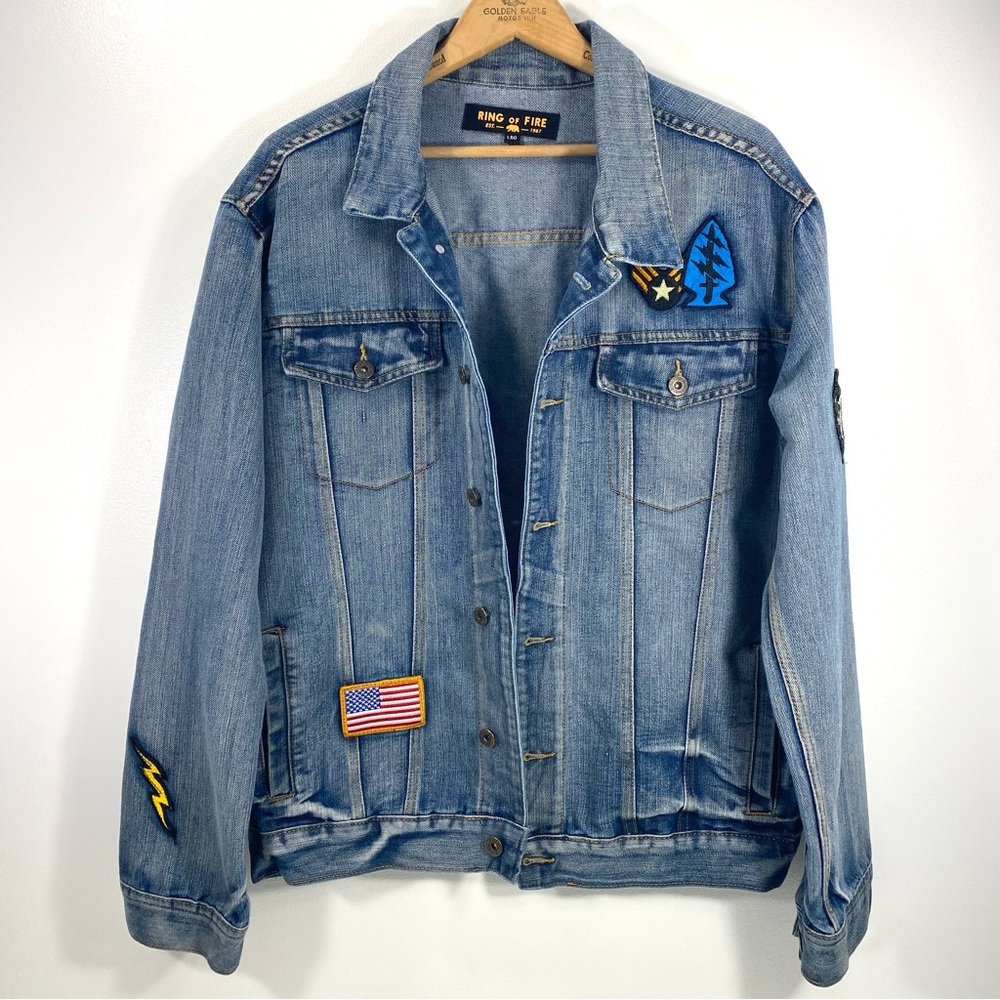 Ring of Fire Parker Patches Distressed Stone Wash Trucker Denim Jean Jacket L